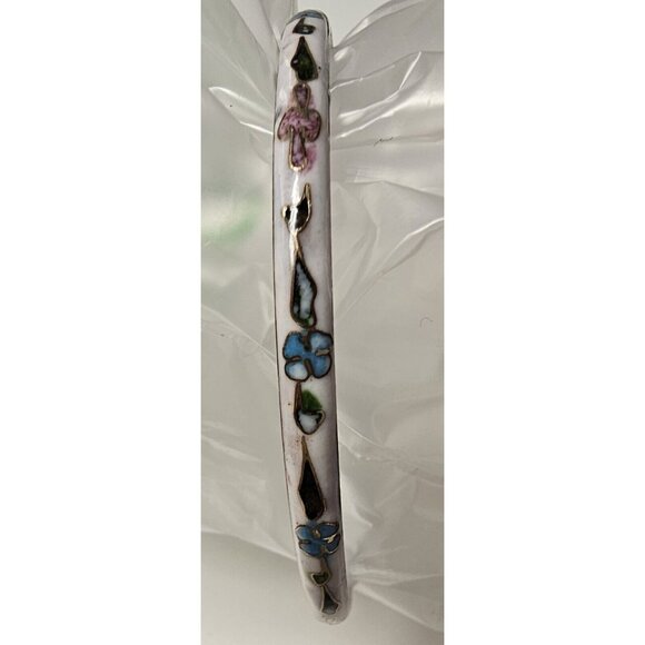 Vintage Cloisonné Large White Pink Green Flower Enamel Bangle Bracelet - Picture 2 of 10